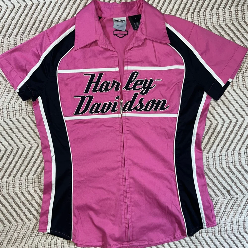 Harley-Davidson Women’s Pink Black Zip Front Mechanic Garage Shirt Size Medium - Picture 1 of 11